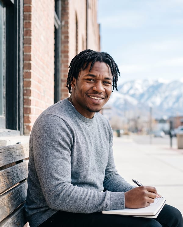 Amari Whitfield, staff bookkeeper, seated on a bench outside a brick building with the Wasatch behind