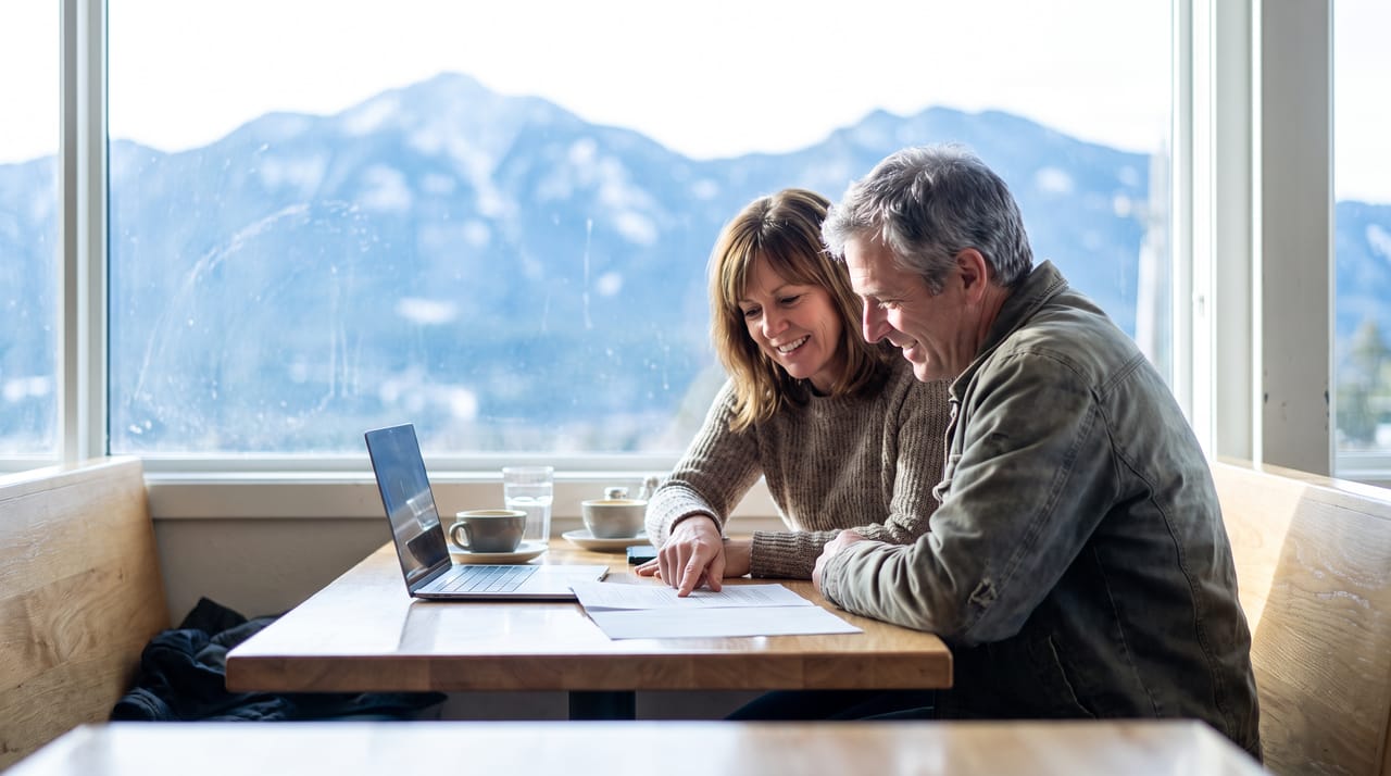 A bookkeeper and a business owner reviewing one printed report at a cafe window table