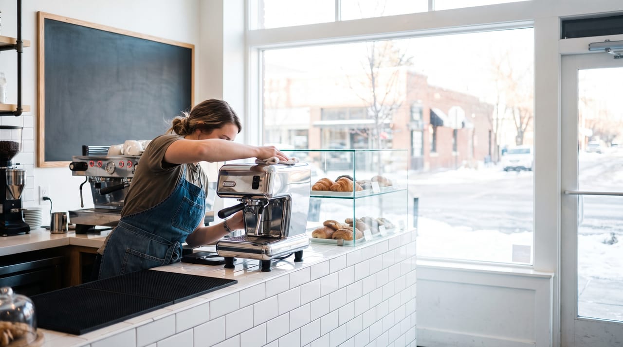 Cafe owner in an apron wiping down the espresso machine before opening