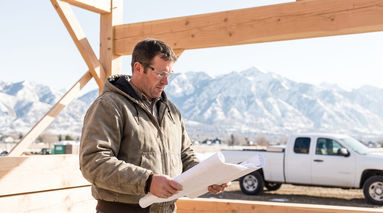 General contractor holding a rolled plan at a timber framing site below the Wasatch foothills