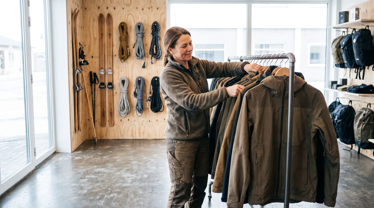 Owner of an independent outdoor-gear shop arranging jackets on a rack