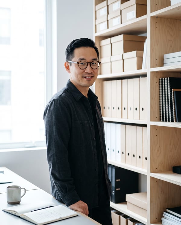 Kenji Mori, systems lead, beside plywood shelving in the studio office