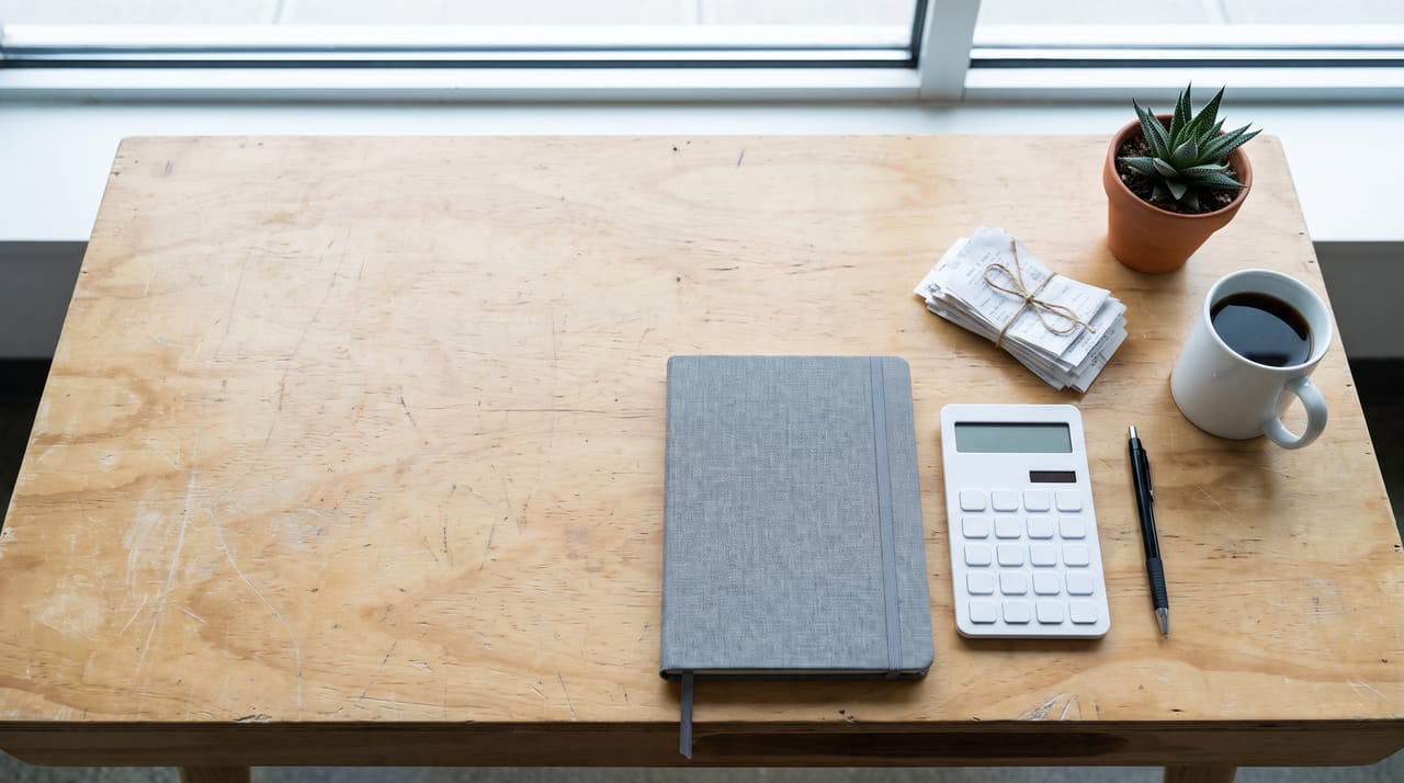 A light plywood desk at month end: a closed notebook, a plain calculator, a neat stack of receipts and a mug of coffee