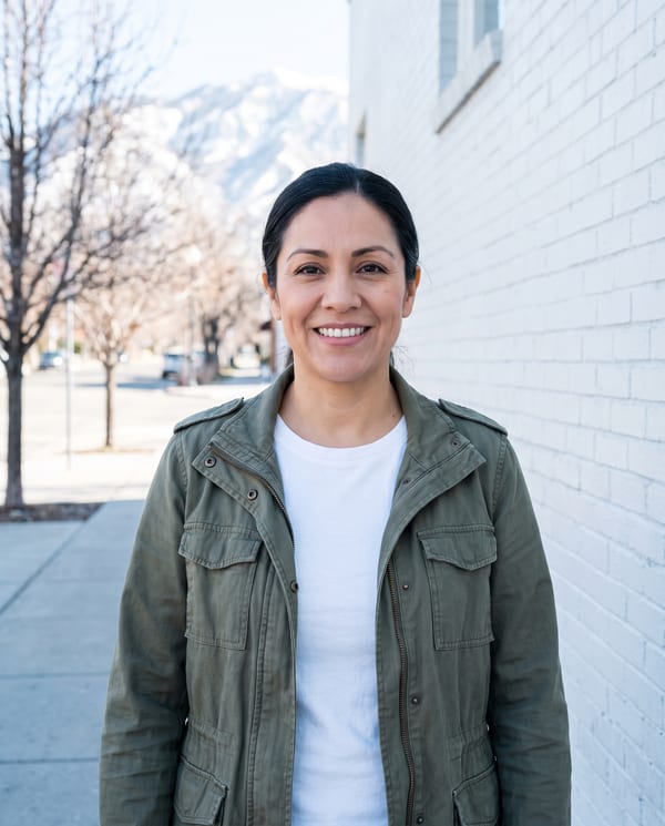 Renee Castellanos, founder of Summit & Pine, in an olive jacket in front of a white brick wall in morning light