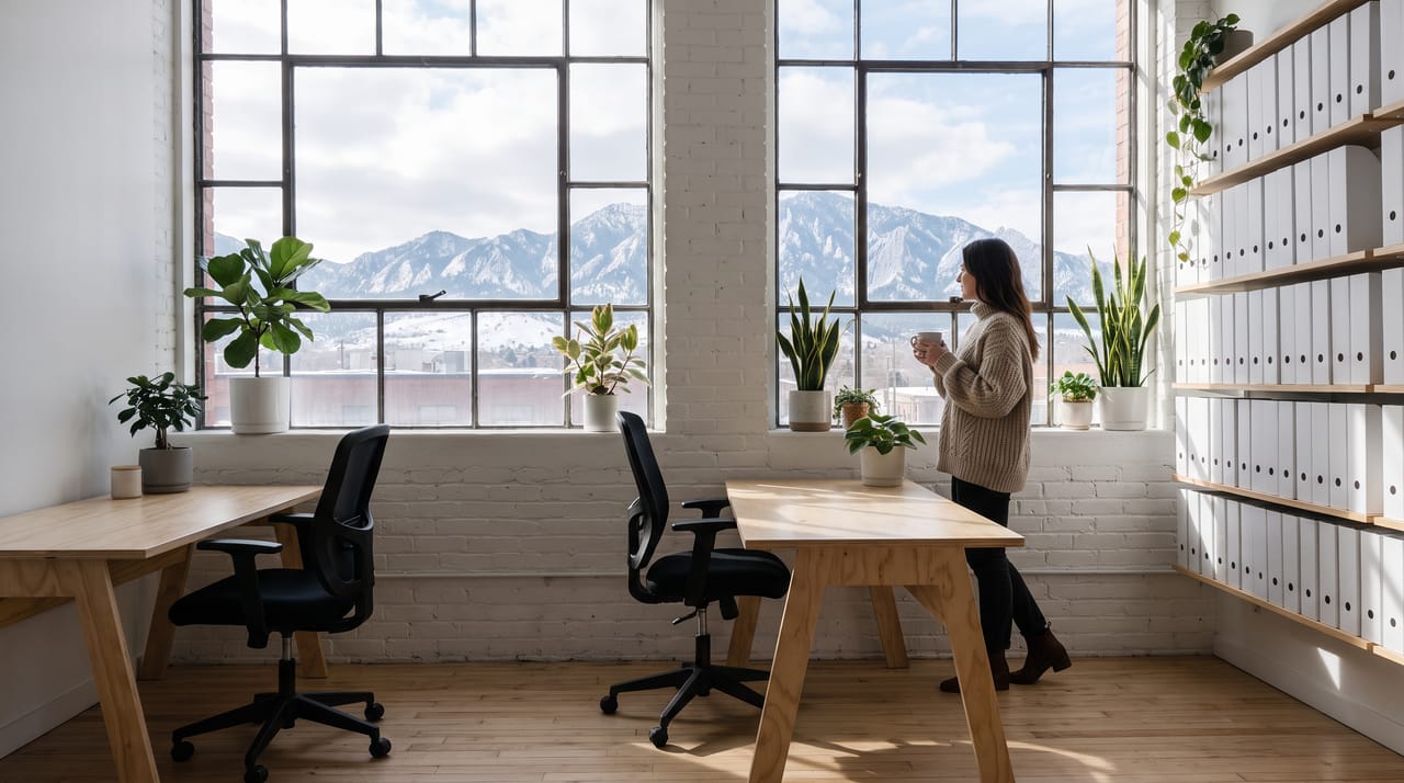 The Summit & Pine studio: white brick, tall windows with snowy mountains outside, plywood desks and a wall of binders